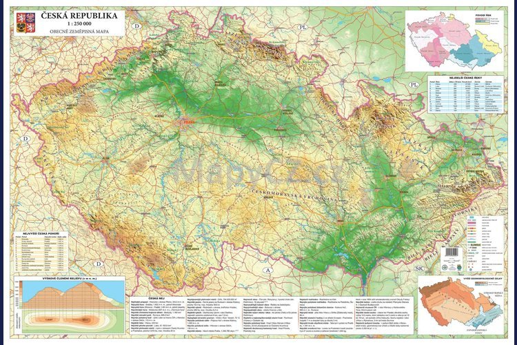 ČR obecně zeměpisná nástěnná mapa 200 x 140 cm, laminovaná s očky