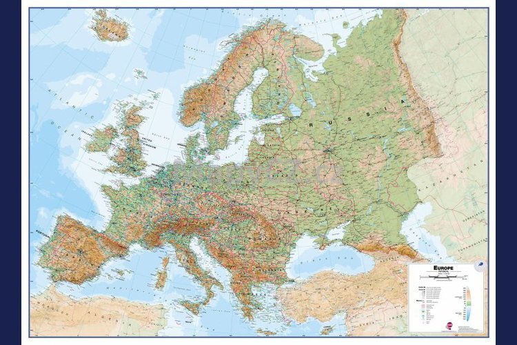 Evropa fyzická - nástěnná mapa 136 x 100 cm v černém hliníkovém rámu