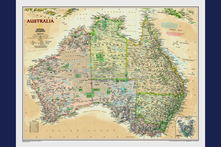 Austrálie National Geographic Executive - nástěnná mapa 80 x 60 cm, lamino + stříbrný hliníkový rám