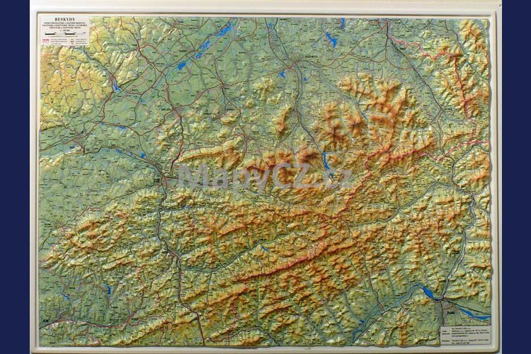 Beskydy 1:100 000 - plastická mapa 100 x 75 cm v dřevěném rámu