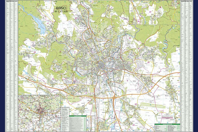 Brno - nástěnná mapa 135 x 95 cm ve stříbrném hliníkovém rámu