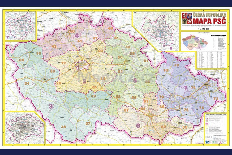 Česká republika PSČ - nástěnná mapa 113 x 70 cm, lamino + černý hliníkový rám