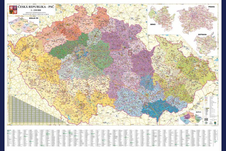 Česká republika PSČ obří - nástěnná mapa 200 x 140 cm, lamino + stříbrný hliníkový rám