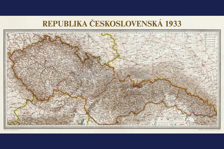 Československo 1933 velké - nástěnná mapa 200 x 110 cm, lamino + černý hliníkový rám