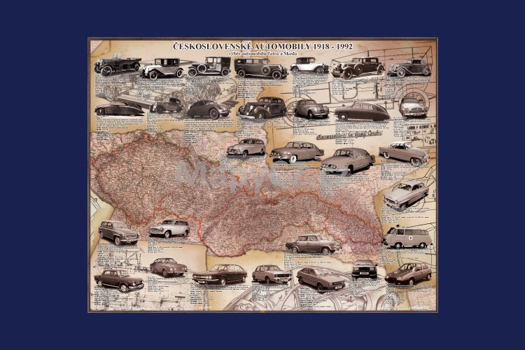 Československé automobily 1918 - 1992, nástěnná mapa 150 x 120 cm, lamino + černý hliníkový rám