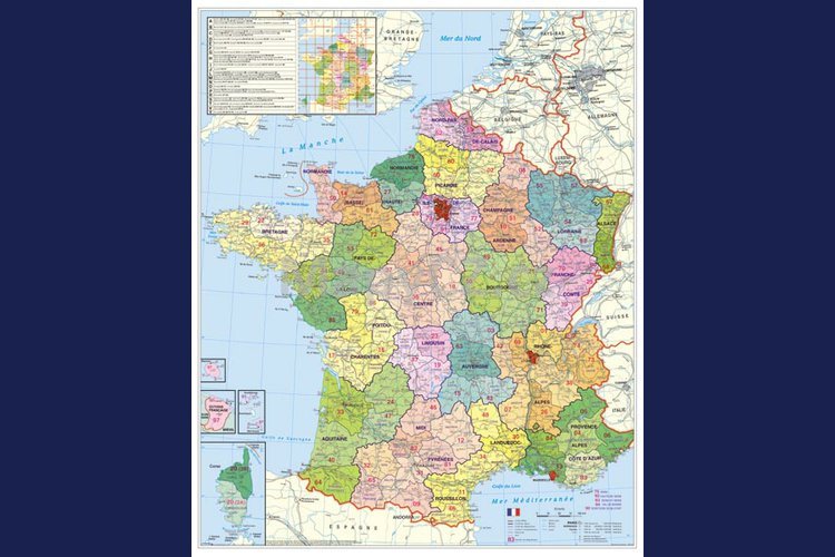 Francie spediční - nástěnná mapa 96 x 120 cm, lamino + stříbrný hliníkový rám