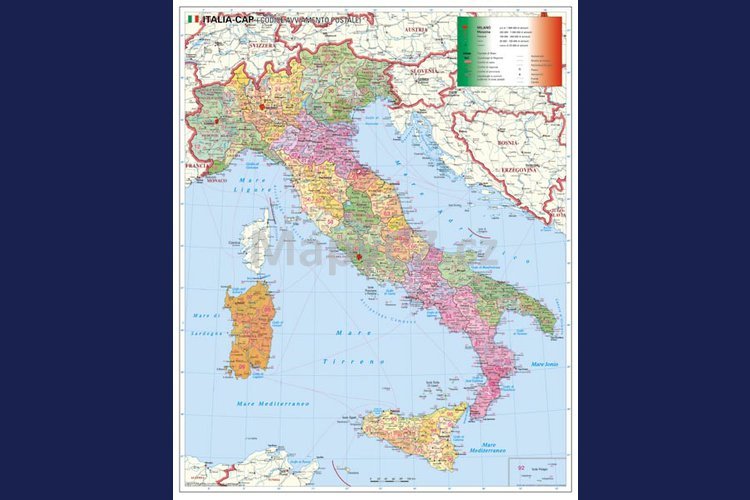 Itálie spediční - nástěnná mapa 95 x 120 cm, lamino + stříbrný hliníkový rám