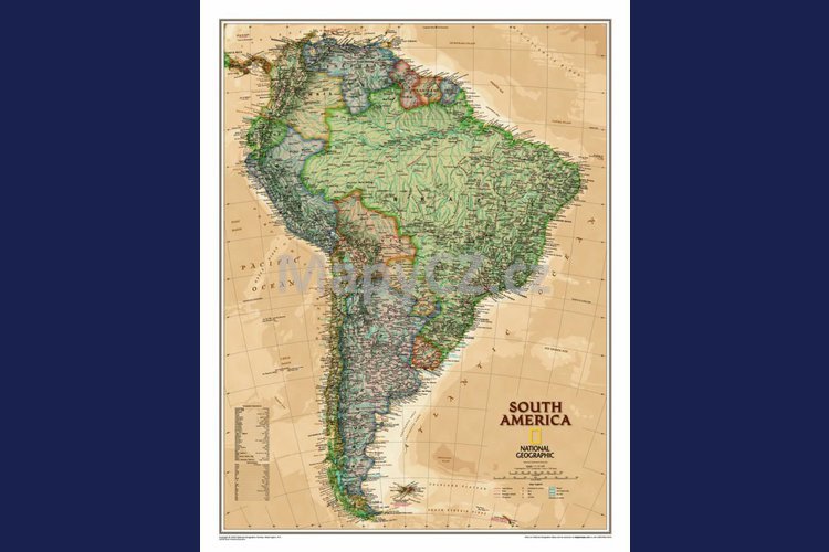 Jižní Amerika National Geographic Executive - nástěnná mapa 60 x 80 cm, lamino + hnědý hliníkový rám