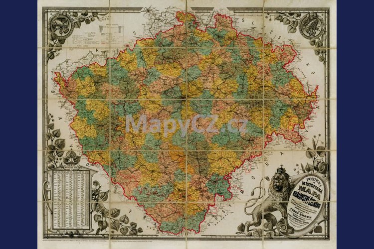 Království České 1883 - nástěnná mapa 120 x 100 cm, lamino + černý hliníkový rám