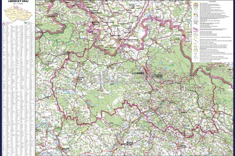 Liberecký kraj - nástěnná mapa 113 x 83 cm, lamino + černý hliníkový rám