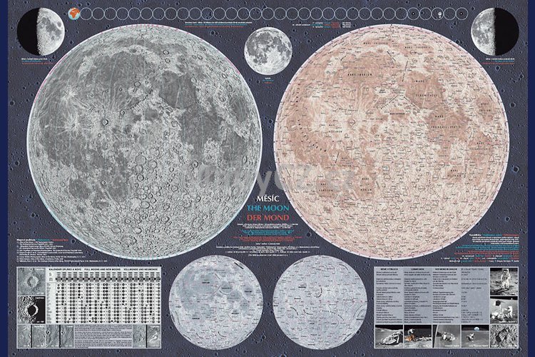 Měsíc - nástěnná mapa 113 x 83 cm, lamino + stříbrný hliníkový rám