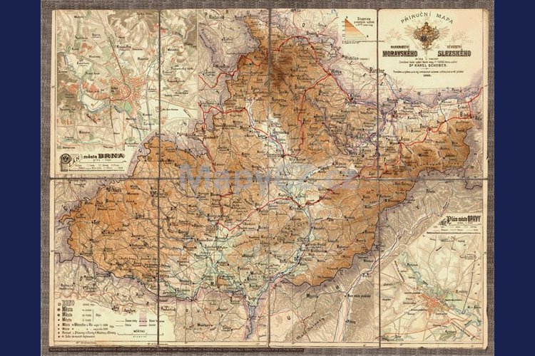 Morava a Slezsko 1883 - nástěnná mapa 90 x 70 cm, lamino + stříbrný hliníkový rám