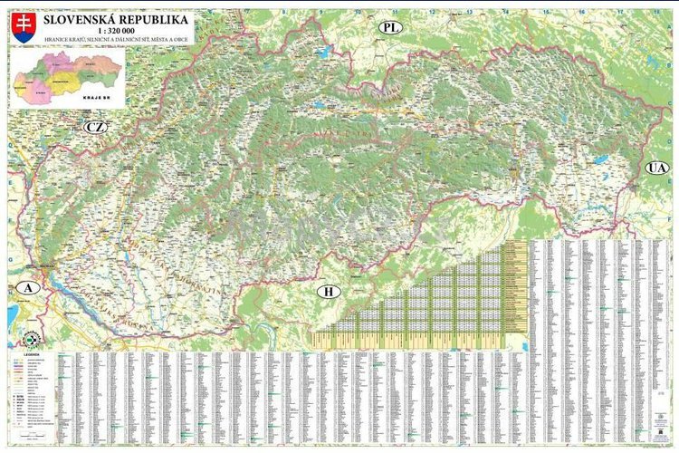 Slovenská republika silniční - magnetická nástěnná mapa 135 x 90 cm, lamino + stříbrný hliníkový rám