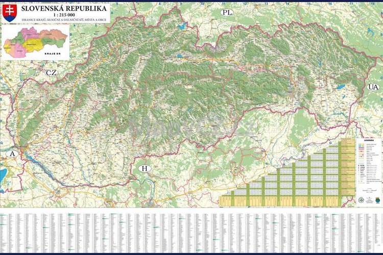Slovenská republika silniční obří - nástěnná mapa 200 x 132 cm, lamino + očka
