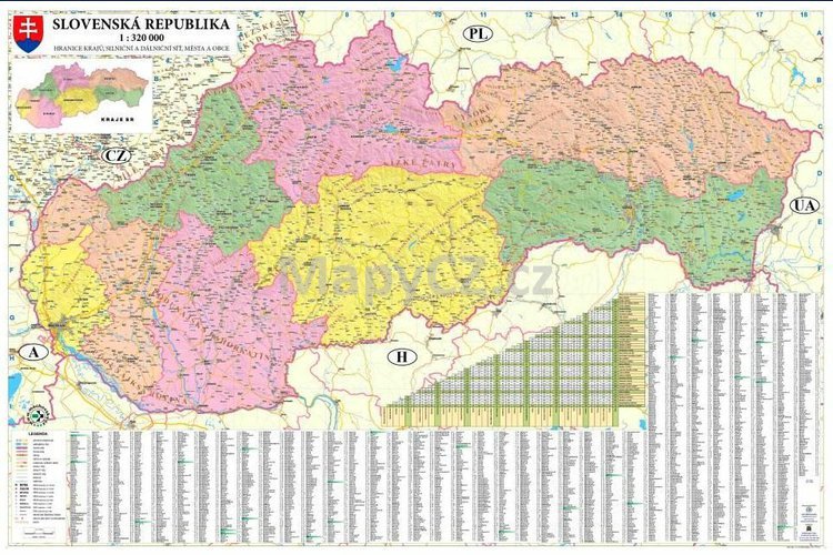 Slovenská republika administrativní obří - nástěnná mapa 200 x 132 cm, lamino + černý rám