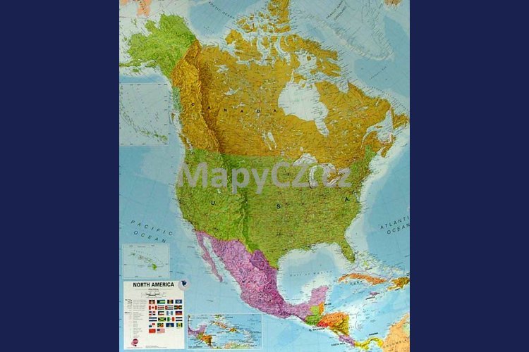 Severní Amerika - nástěnná mapa 100 x 120 cm, lamino + černý hliníkový rám