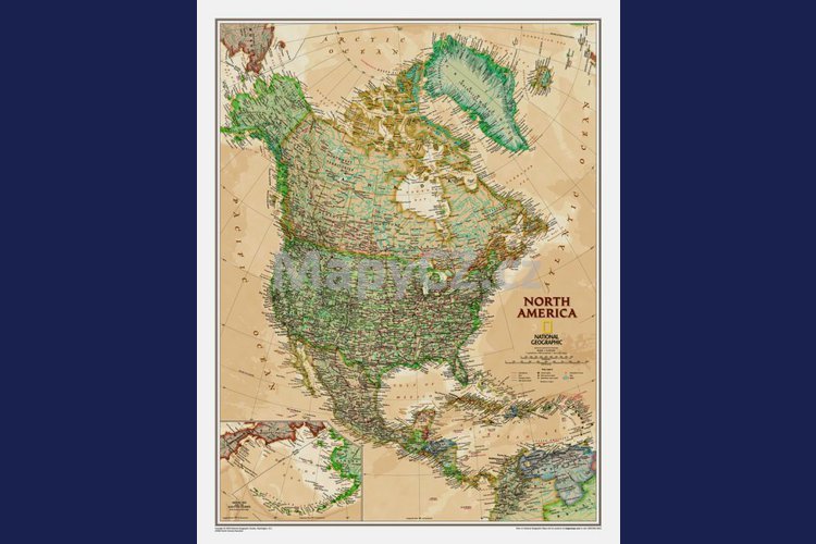 Severní Amerika National Geographic Executive - nástěnná mapa 60 x 80 cm, lamino + hnědý hliníkový r