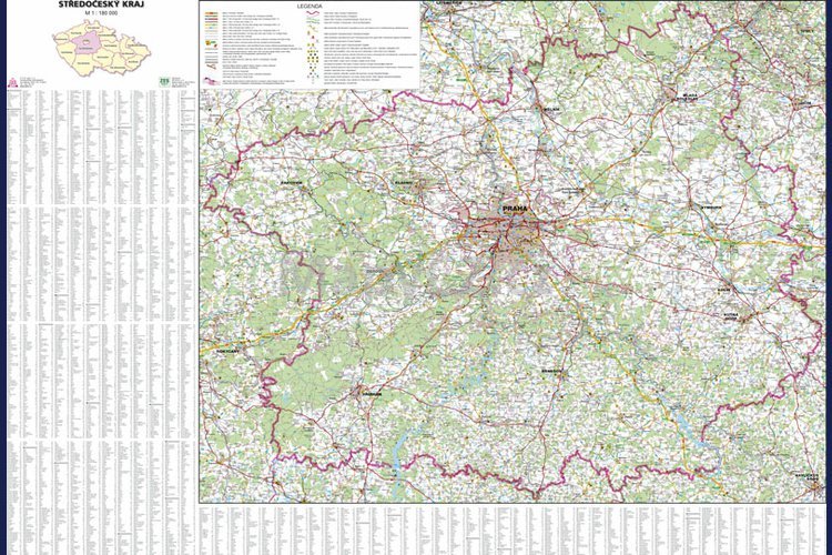 Středočeský kraj - nástěnná mapa 113 x 83 cm, lamino + černý hliníkový rám