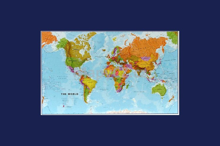 Obří svět politický - nástěnná mapa 200 x 120 cm ve stříbrném hliníkovém rámu