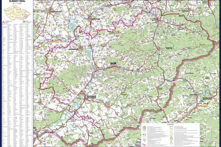 Zlínský kraj - nástěnná mapa 113 x 83 cm, lamino + lišty