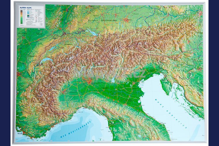 Alpy - plastická mapa 80 x 60 cm v dřevěném rámu
