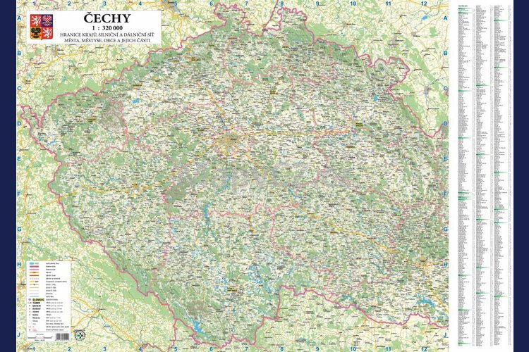Čechy - obří nástěnná mapa 190 x 137 cm, lamino + černý hliníkový rám