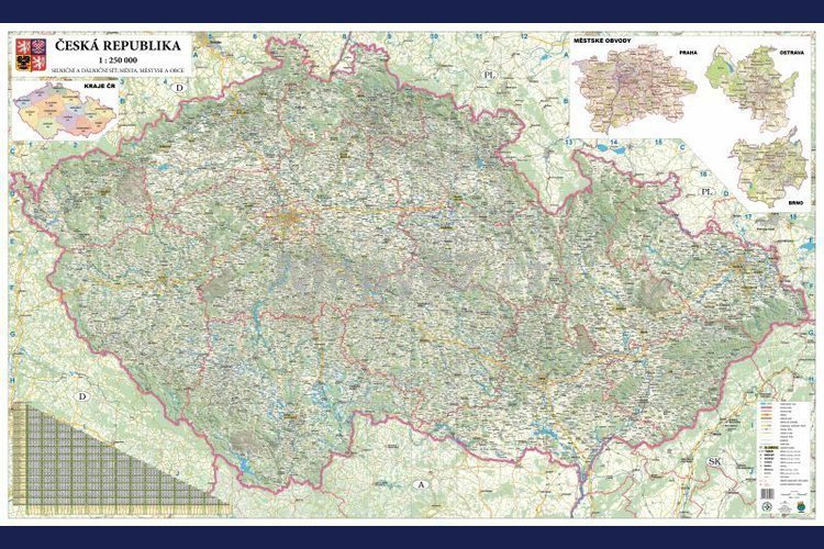 Česká republika silniční obří - magnetická nástěnná mapa 200 x 120 cm ve stříbrném hliníkovém rámu