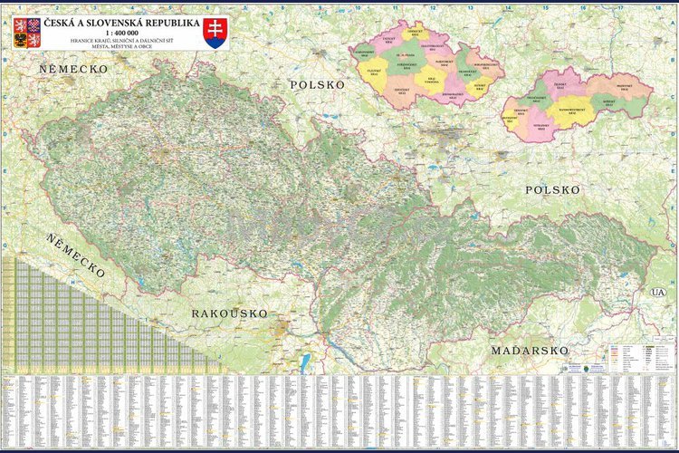Česká a Slovenská rep. silniční obří - nástěnná mapa 200 x 140 cm ve stříbrném hliníkovém rámu