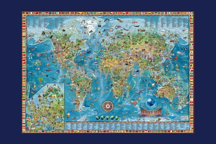 Dětský svět - ilustrovaná nástěnná mapa 140 x 100 cm v zeleném hliníkovém rámu