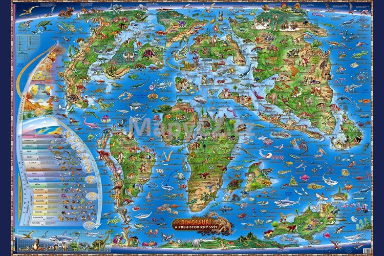 Dinosauři a prehistorický svět - dětská nástěnná mapa 136 x 96 cm v modrém hliníkovém rámu