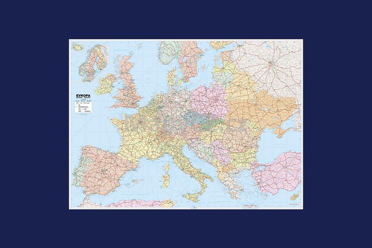Evropa silniční - nástěnná mapa 113 x 83 cm, lamino + černý hliníkový rám