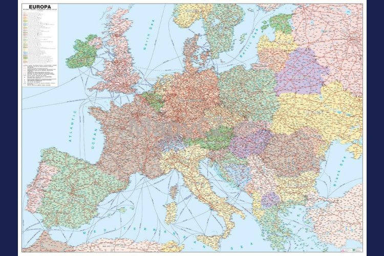 Evropa železniční - nástěnná mapa 140 x 100 cm, lamino + stříbrný hliníkový rám