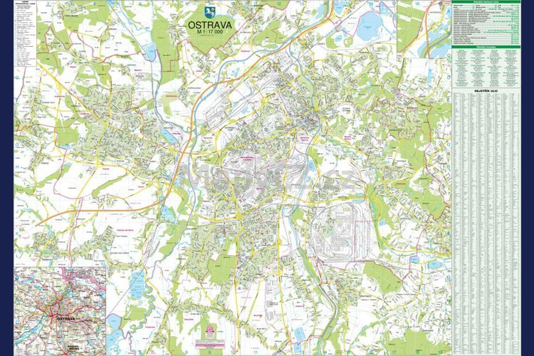 Ostrava - nástěnná mapa 130 x 92 cm ve stříbrném hliníkovém rámu