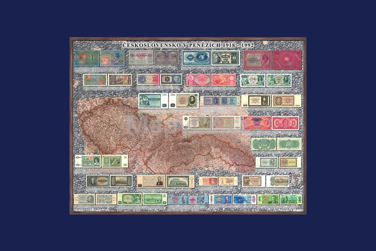 Peněžní nástěnná mapa Československa 1918 - 1992, 160 x 120 cm, lamino + hnědý hliníkový rám