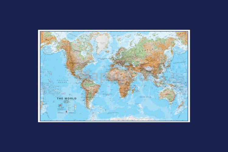Svět fyzický - nástěnná mapa 136 x 85 cm ve stříbrném hliníkovém rámu