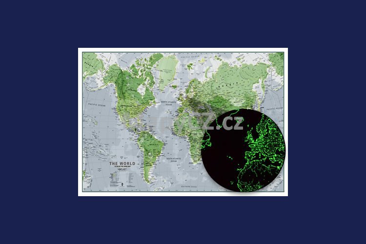 Svět svítící ve tmě - nástěnná mapa 85 x 60 cm, lamino + stříbrný hliníkový rám