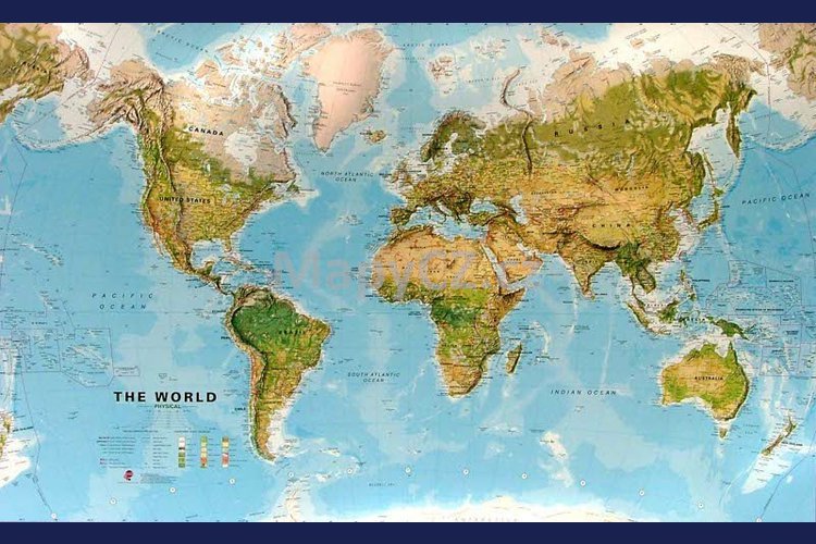Obří svět zeměpisný - nástěnná mapa 197 x 122 cm v černém hliníkovém rámu