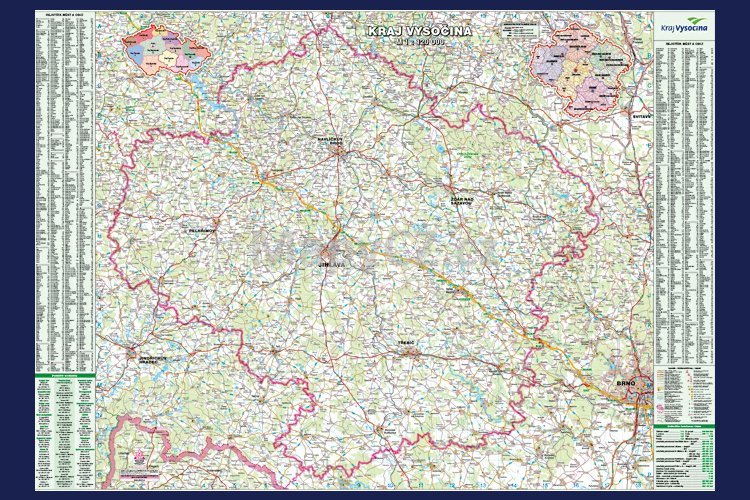 Kraj Vysočina - nástěnná mapa 130 x 97 cm ve stříbrném hliníkovém rámu